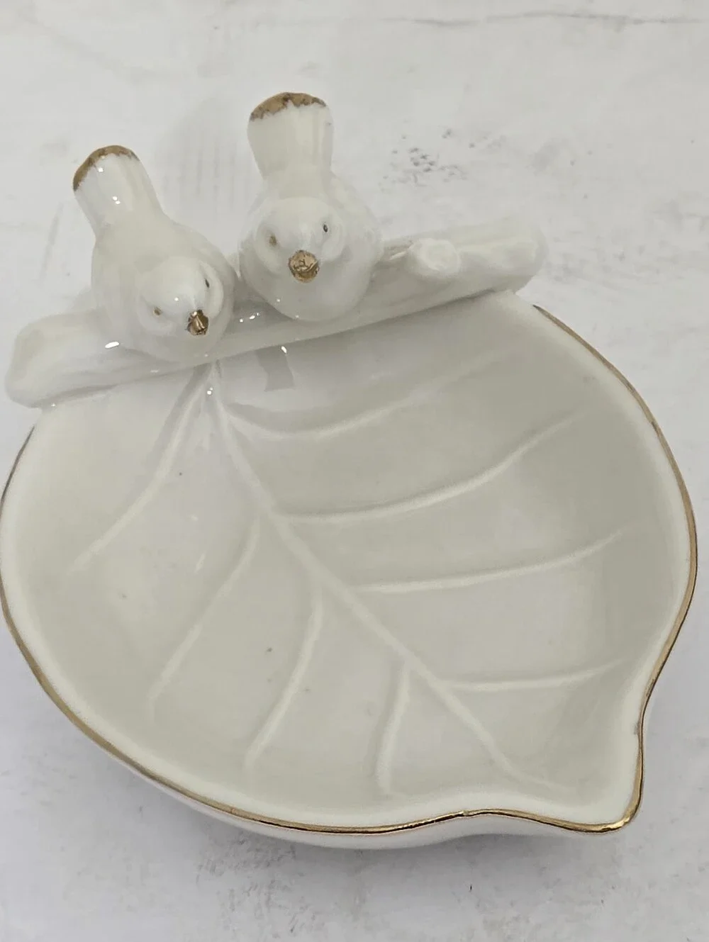 vintage PIER 1 imports Trinket Tray Two Birds Porcelin White Gold Trim